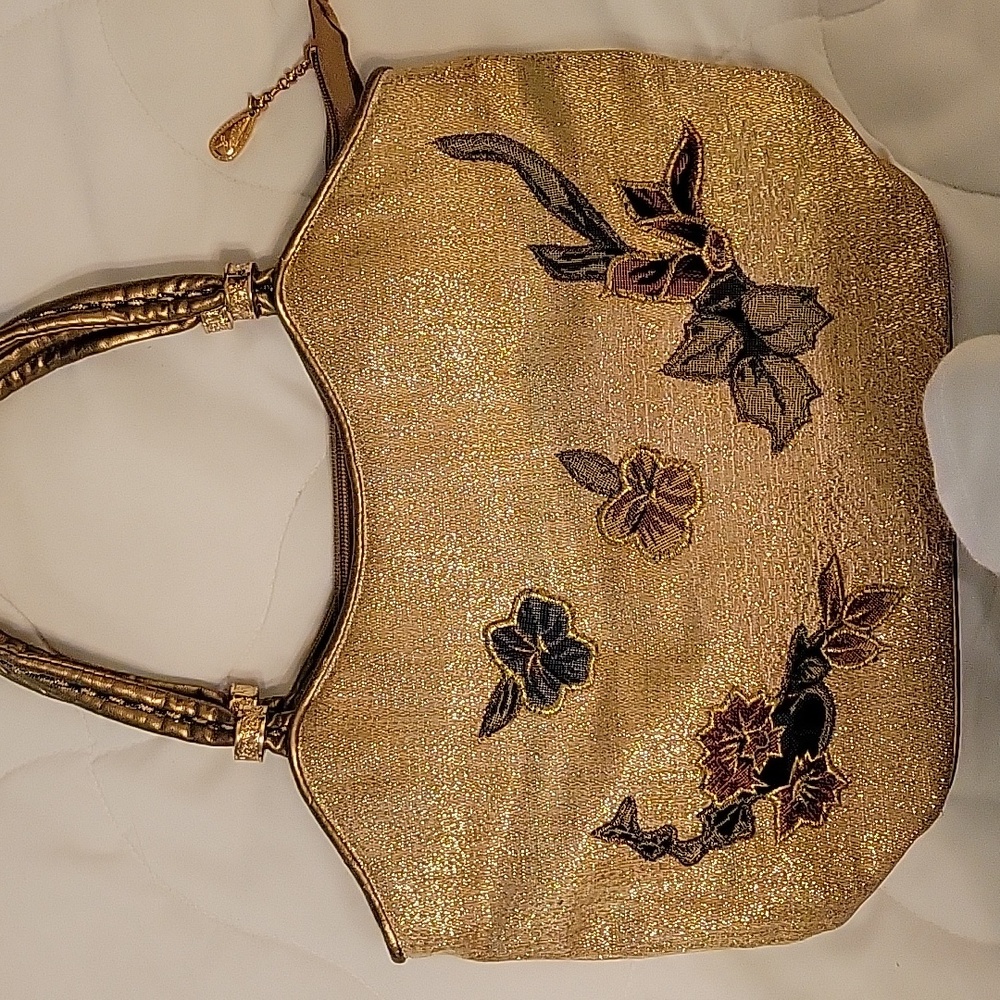 Vintage Malisha floral handbag, gold shimmery background.  14"w x 9"h, 4" depth